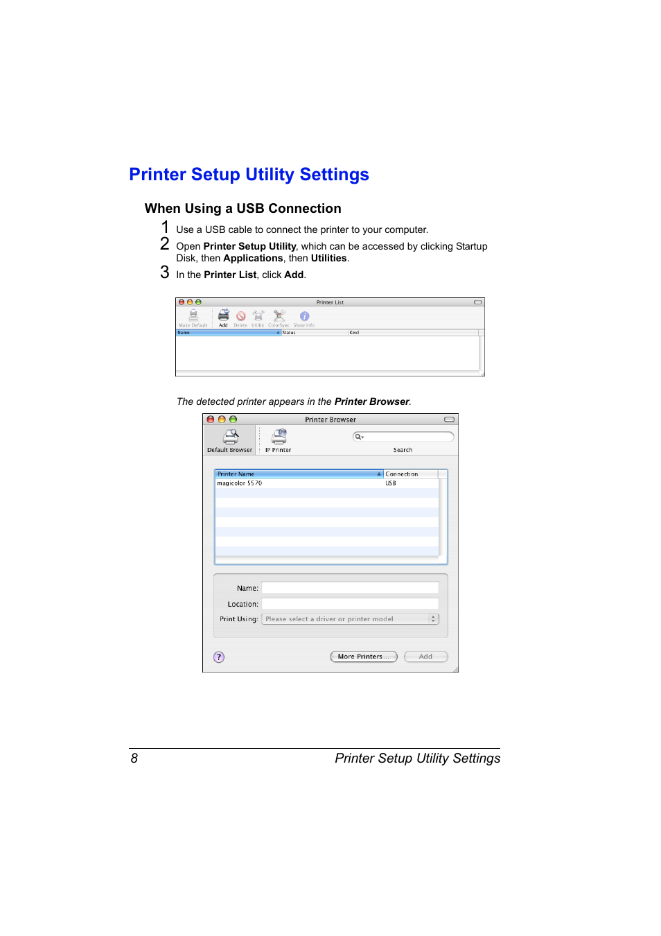 Printer setup utility settings, When using a usb connection, Printer setup utility settings 8 | When using a usb connection 8 | Konica Minolta magicolor 5570CK User Manual | Page 26 / 296