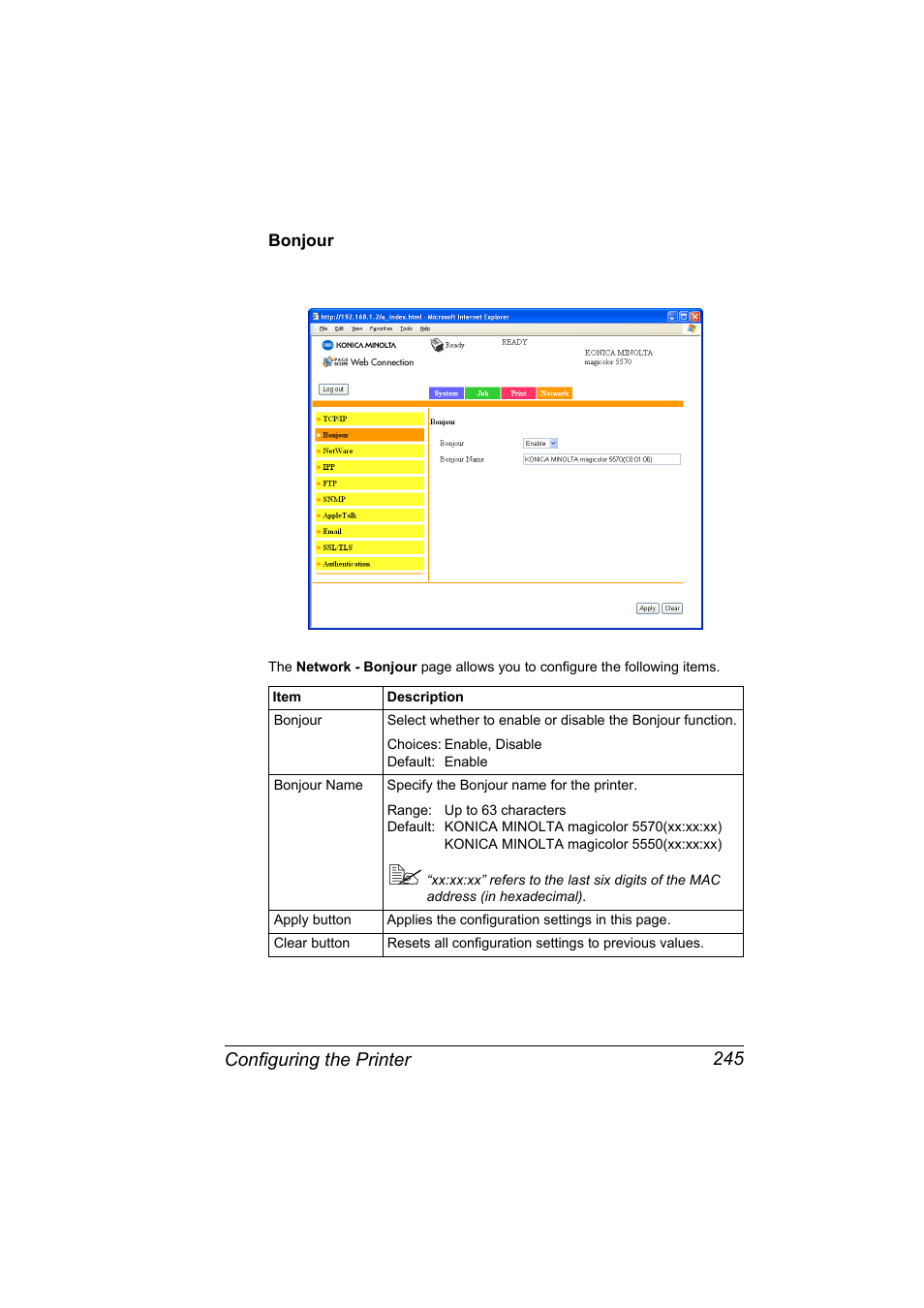 Bonjour, Bonjour 245, Configuring the printer 245 | Konica Minolta magicolor 5570CK User Manual | Page 263 / 296