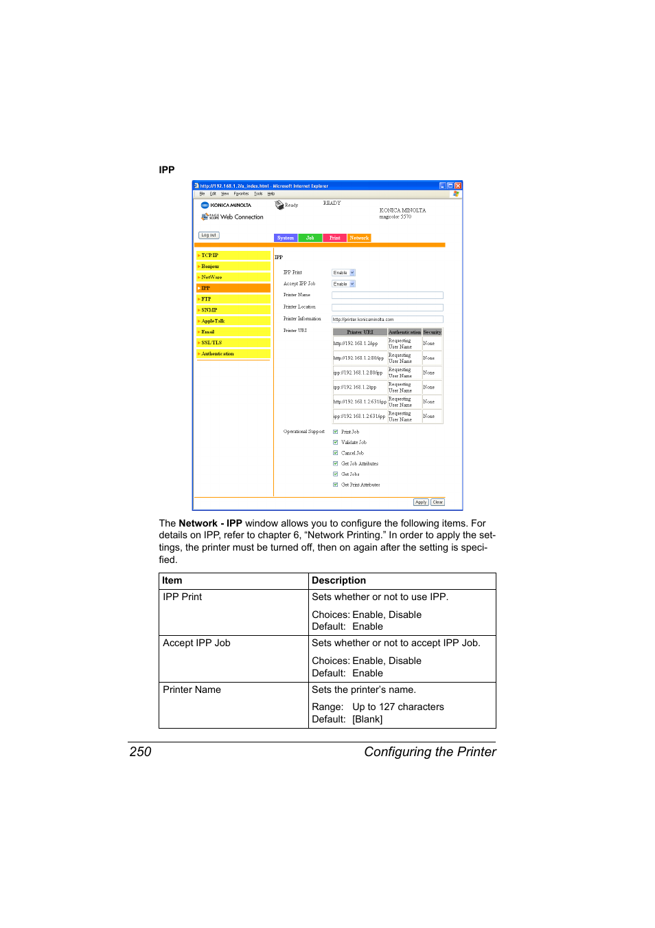Configuring the printer 250 | Konica Minolta magicolor 5570CK User Manual | Page 268 / 296
