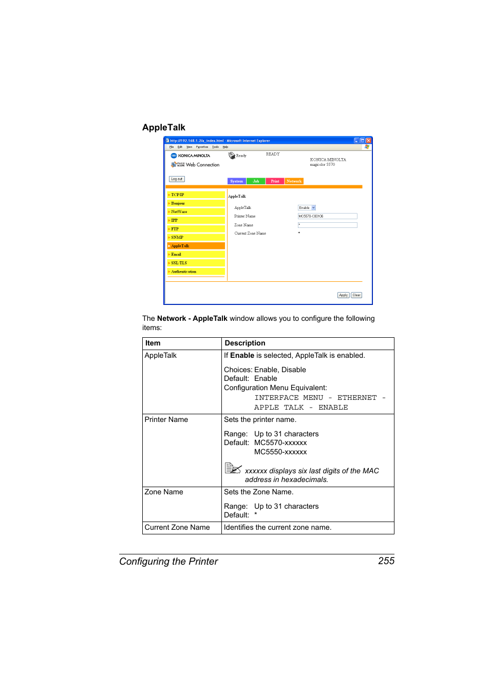 Appletalk, Appletalk 255, Configuring the printer 255 | Konica Minolta magicolor 5570CK User Manual | Page 273 / 296