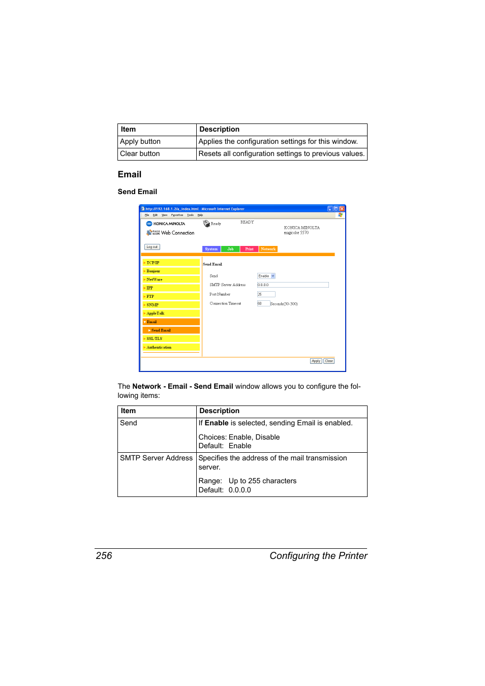 Email, Email 256, Configuring the printer 256 | Konica Minolta magicolor 5570CK User Manual | Page 274 / 296