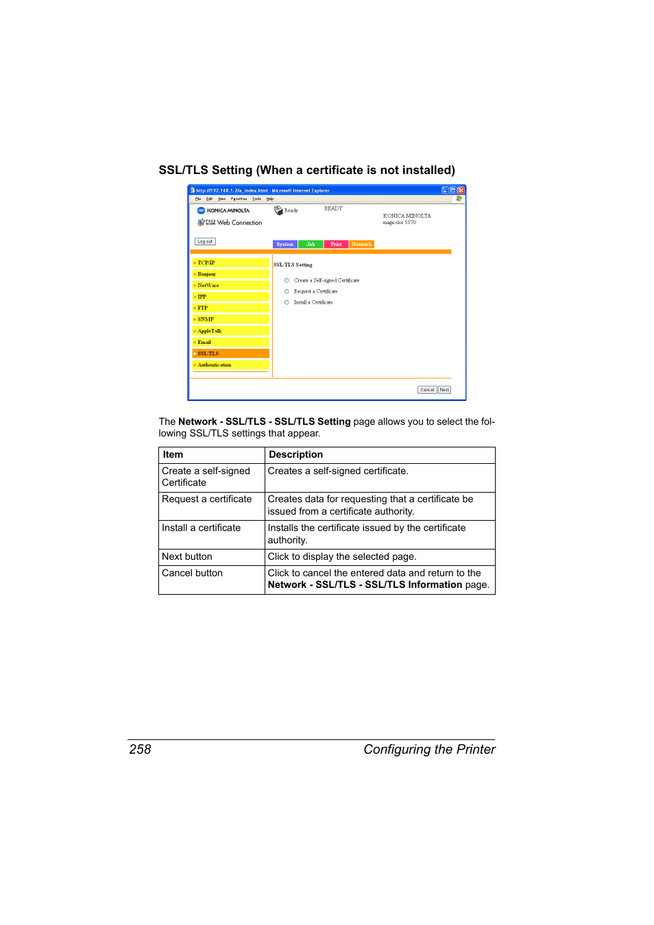 Configuring the printer 258 | Konica Minolta magicolor 5570CK User Manual | Page 276 / 296