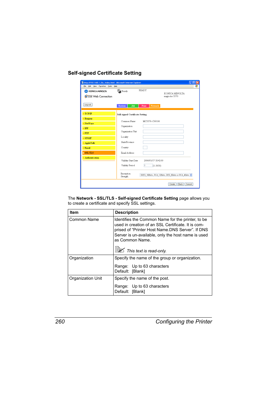 Self-signed certificate setting, Self-signed certificate setting 260 | Konica Minolta magicolor 5570CK User Manual | Page 278 / 296