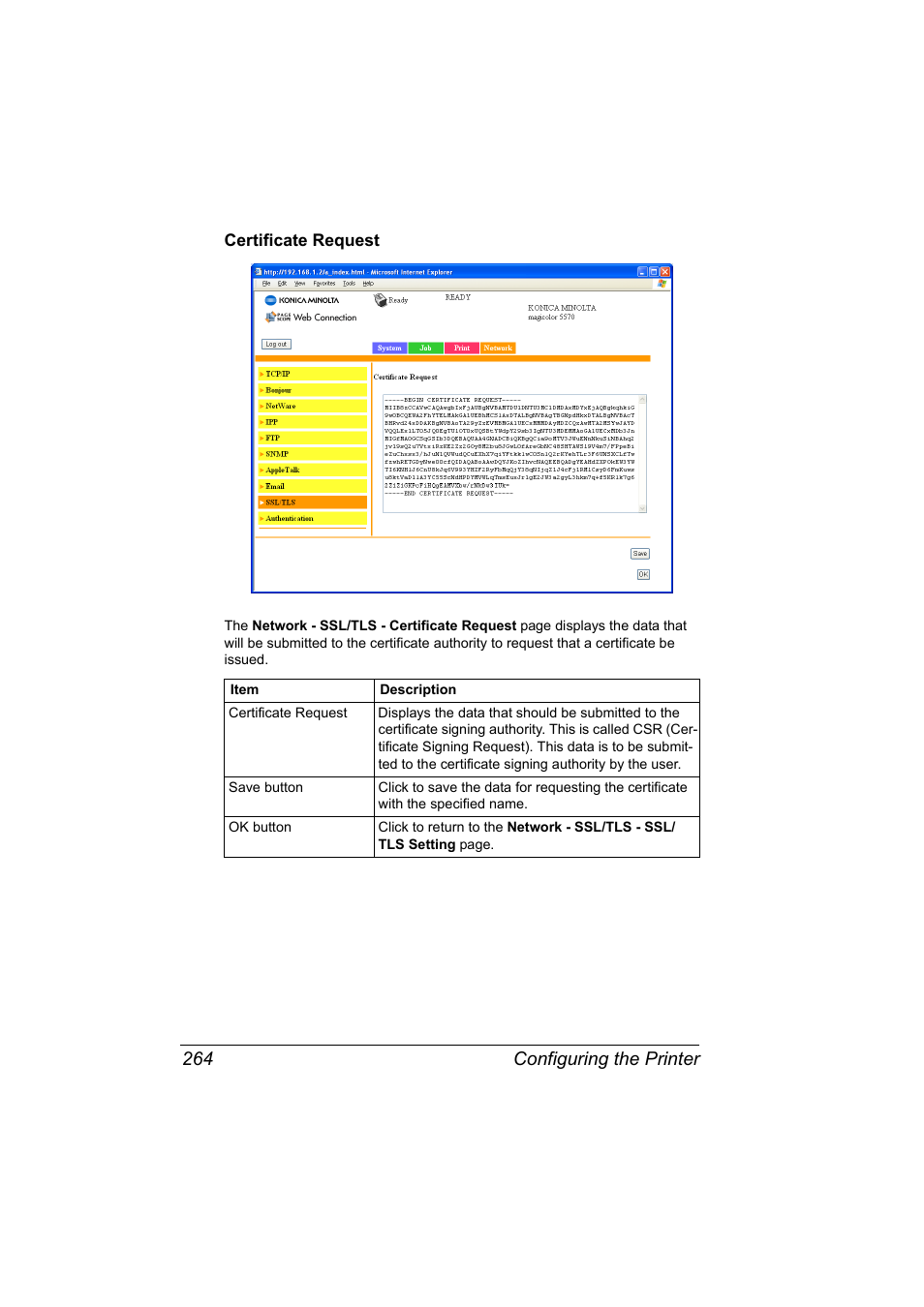 Certificate request, Certificate request 264, Configuring the printer 264 | Konica Minolta magicolor 5570CK User Manual | Page 282 / 296