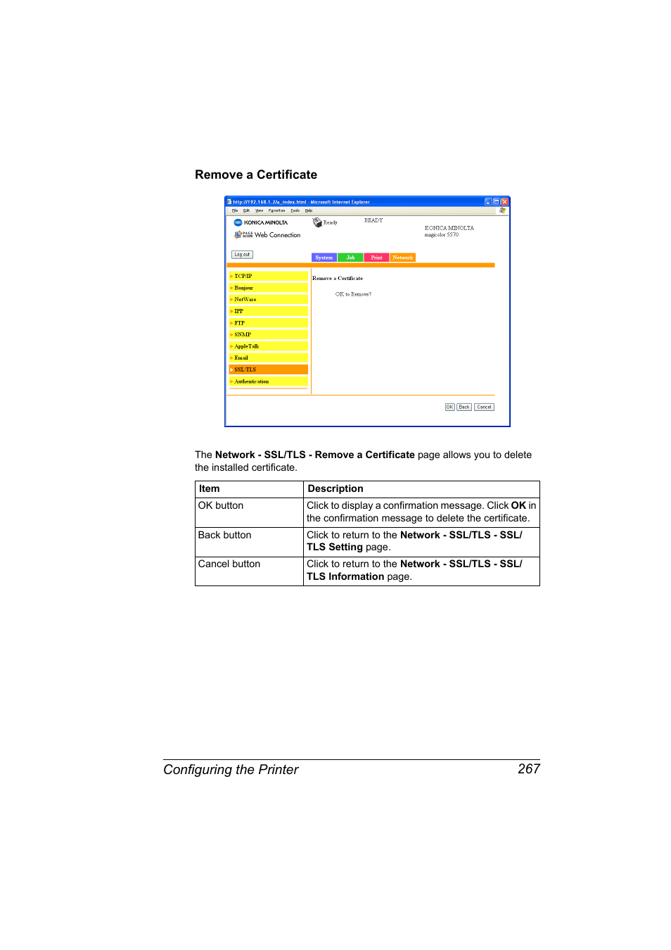 Remove a certificate, Remove a certificate 267, Configuring the printer 267 | Konica Minolta magicolor 5570CK User Manual | Page 285 / 296