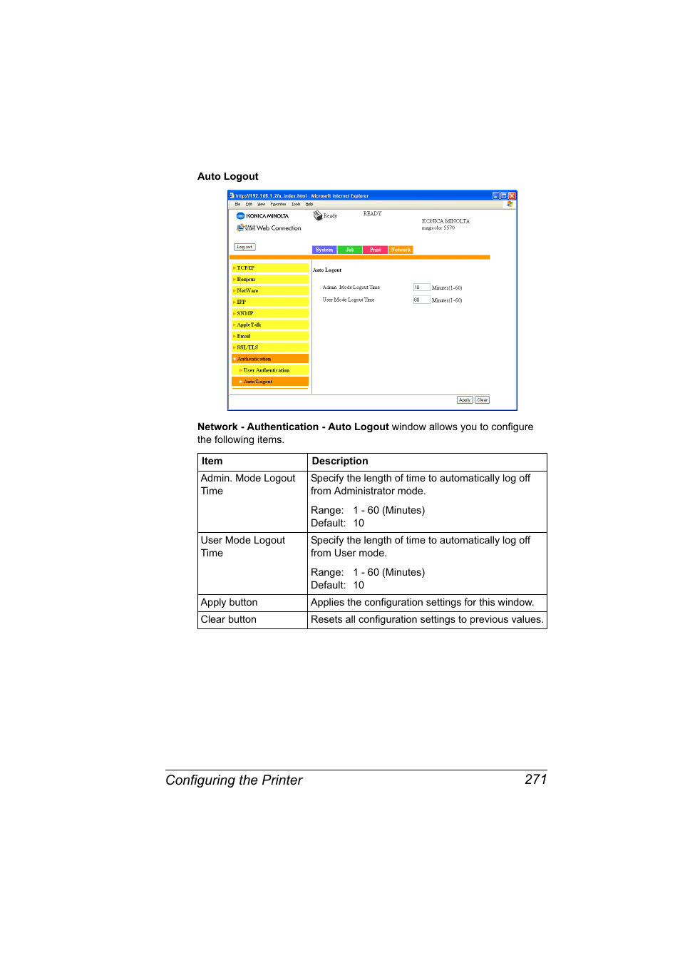 Configuring the printer 271 | Konica Minolta magicolor 5570CK User Manual | Page 289 / 296