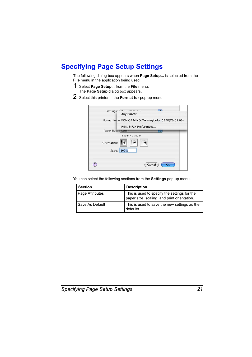 Specifying page setup settings | Konica Minolta magicolor 5570CK User Manual | Page 39 / 296