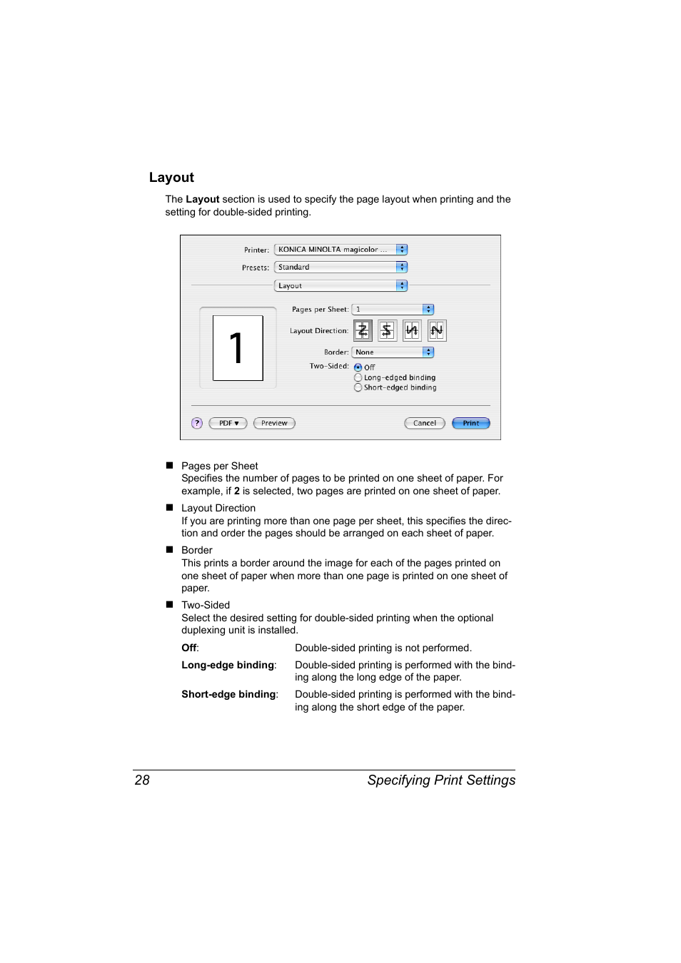 Layout, Layout 28, Specifying print settings 28 layout | Konica Minolta magicolor 5570CK User Manual | Page 46 / 296