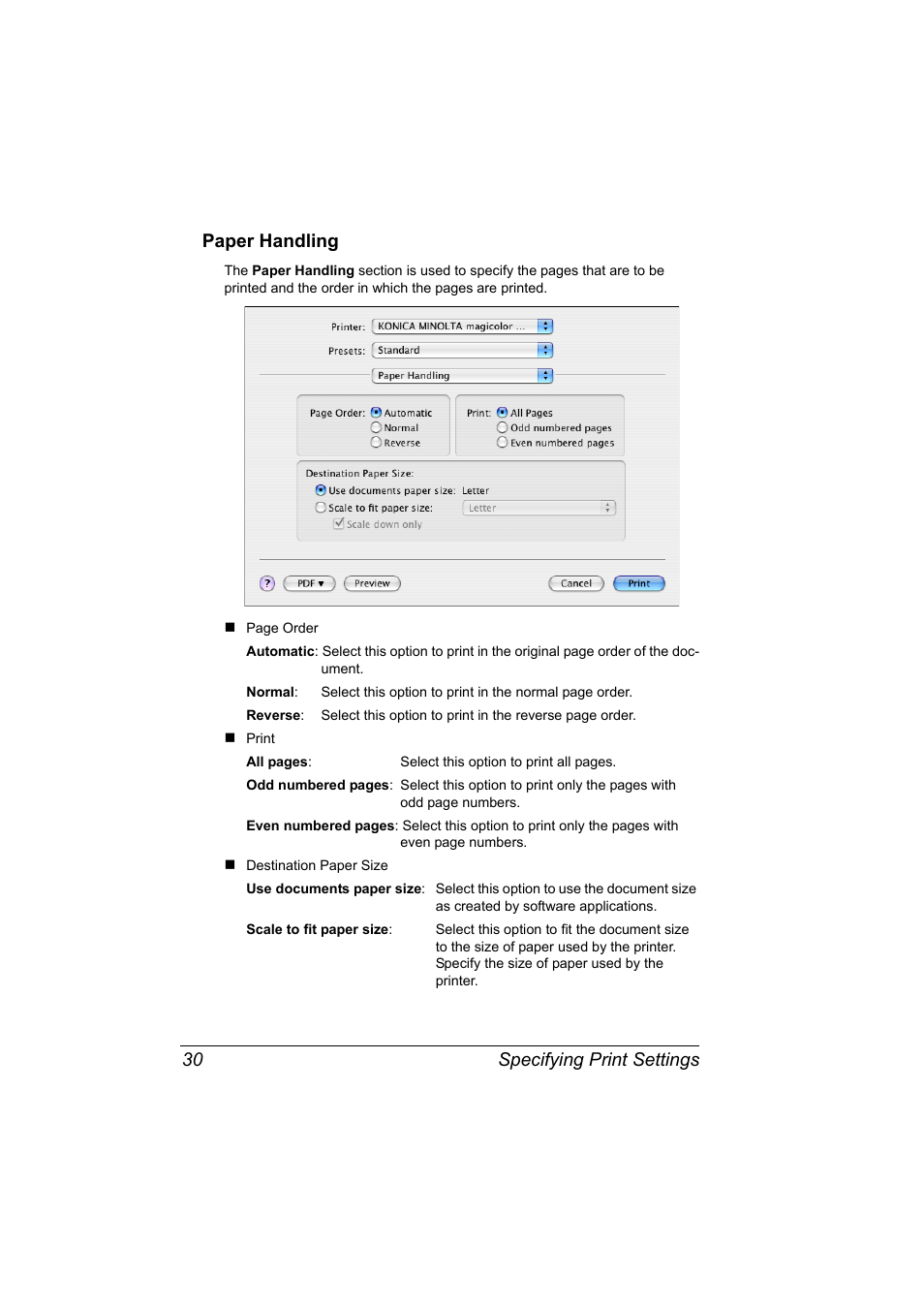 Paper handling, Paper handling 30, Specifying print settings 30 paper handling | Konica Minolta magicolor 5570CK User Manual | Page 48 / 296