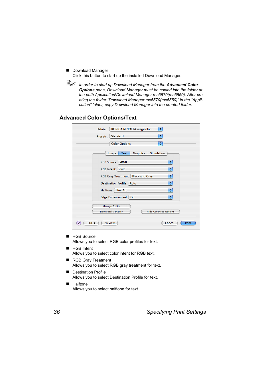 Advanced color options/text, Advanced color options/text 36 | Konica Minolta magicolor 5570CK User Manual | Page 54 / 296