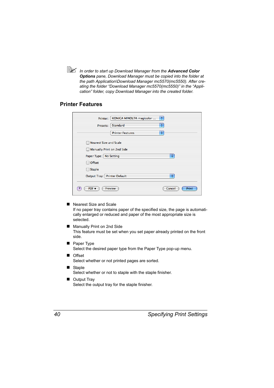 Printer features, Printer features 40 | Konica Minolta magicolor 5570CK User Manual | Page 58 / 296