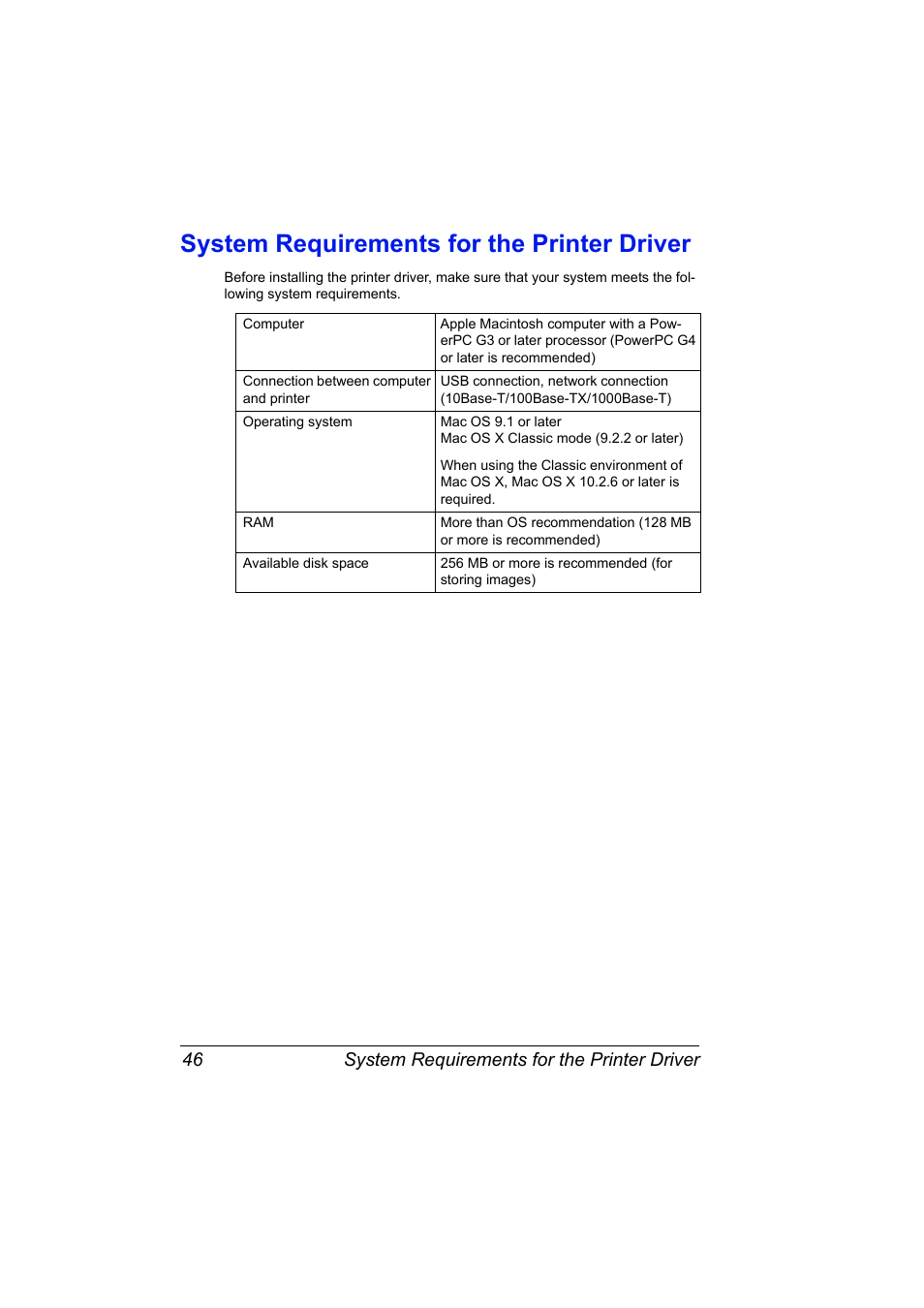 System requirements for the printer driver, System requirements for the printer driver 46 | Konica Minolta magicolor 5570CK User Manual | Page 64 / 296