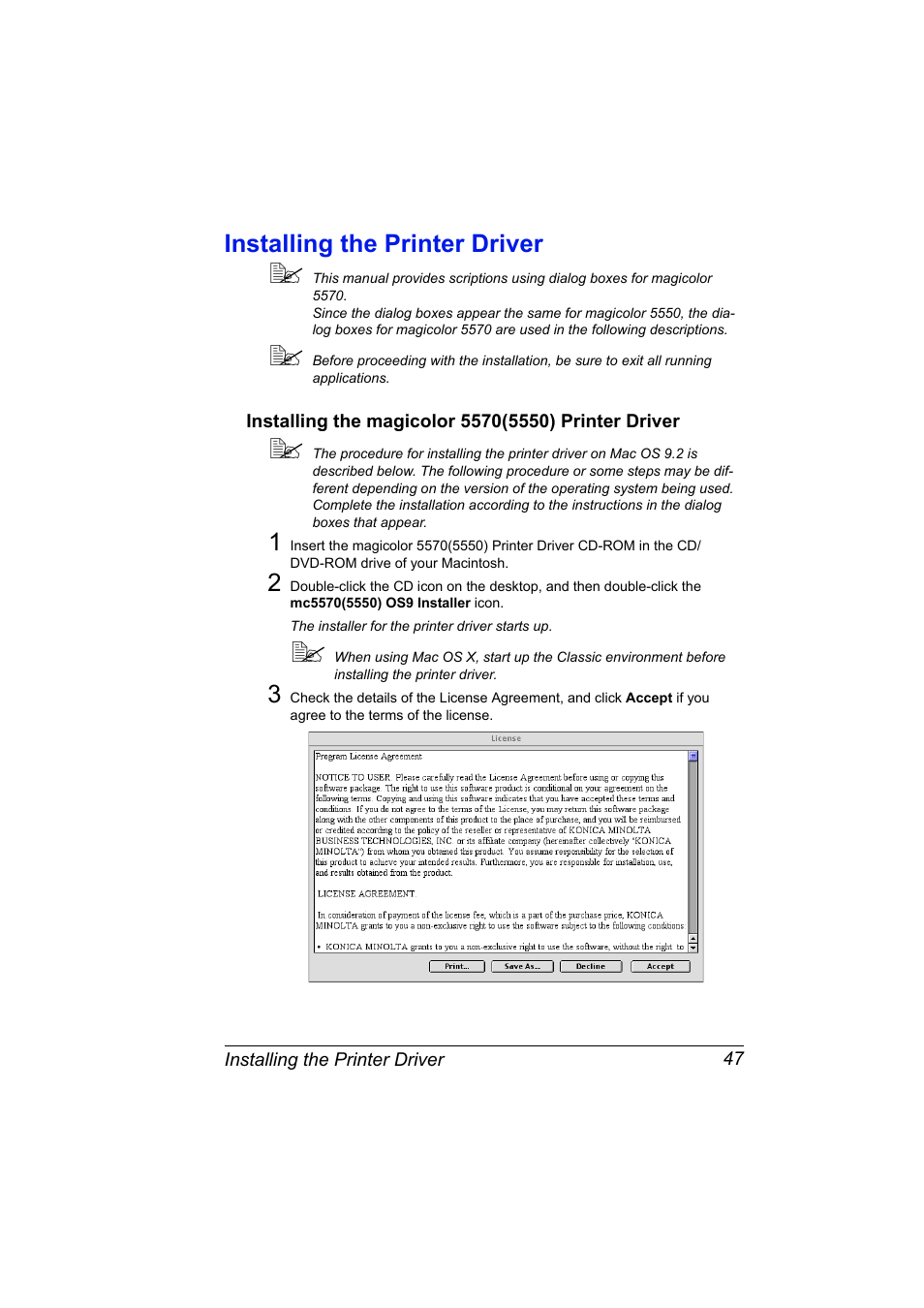 Installing the printer driver, Installing the magicolor 5570(5550) printer driver, Installing the printer driver 47 | Konica Minolta magicolor 5570CK User Manual | Page 65 / 296