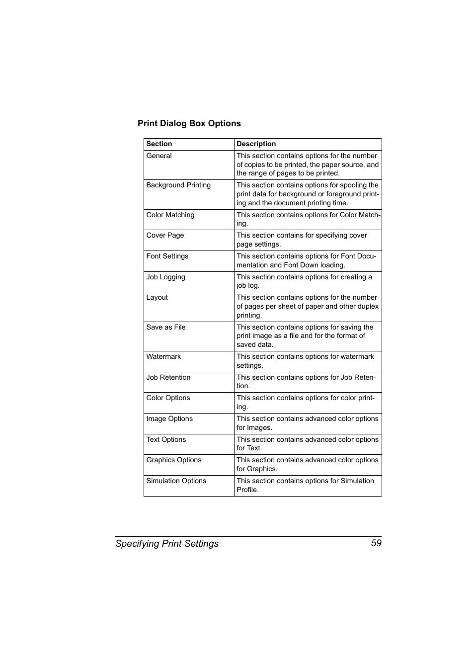 Print dialog box options, Print dialog box options 59, Specifying print settings 59 | Konica Minolta magicolor 5570CK User Manual | Page 77 / 296