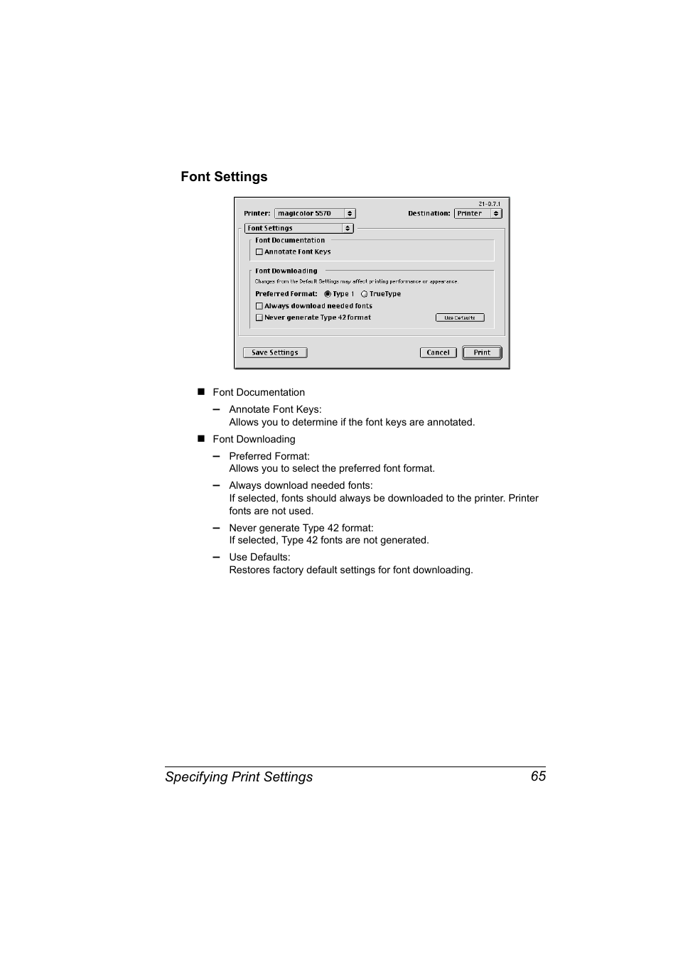 Font settings, Font settings 65 | Konica Minolta magicolor 5570CK User Manual | Page 83 / 296