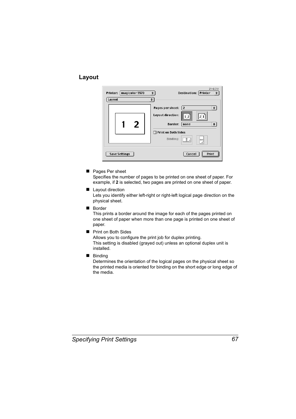 Layout, Layout 67, Specifying print settings 67 layout | Konica Minolta magicolor 5570CK User Manual | Page 85 / 296