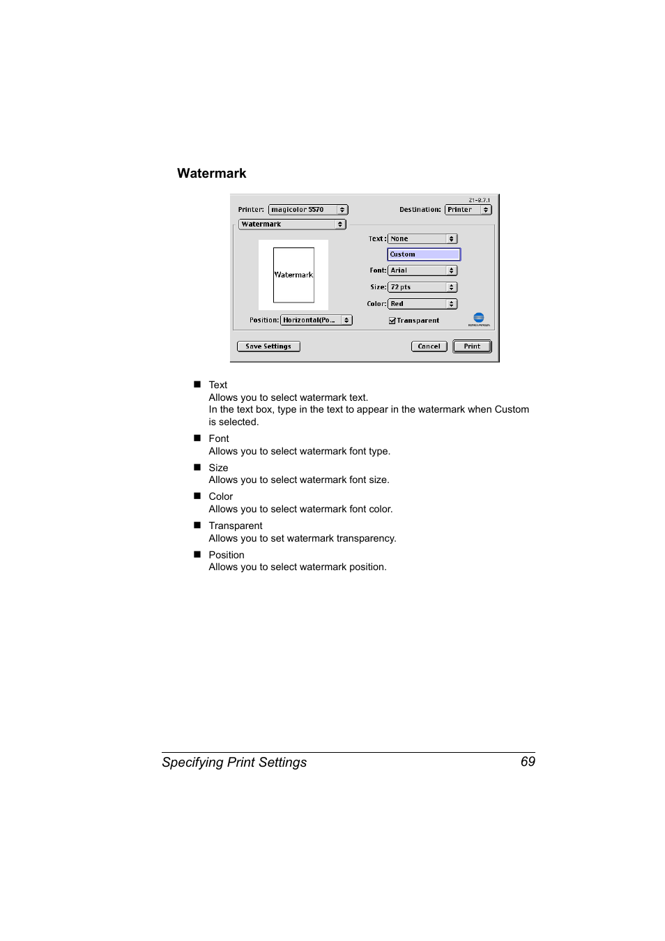 Watermark, Watermark 69, Specifying print settings 69 watermark | Konica Minolta magicolor 5570CK User Manual | Page 87 / 296