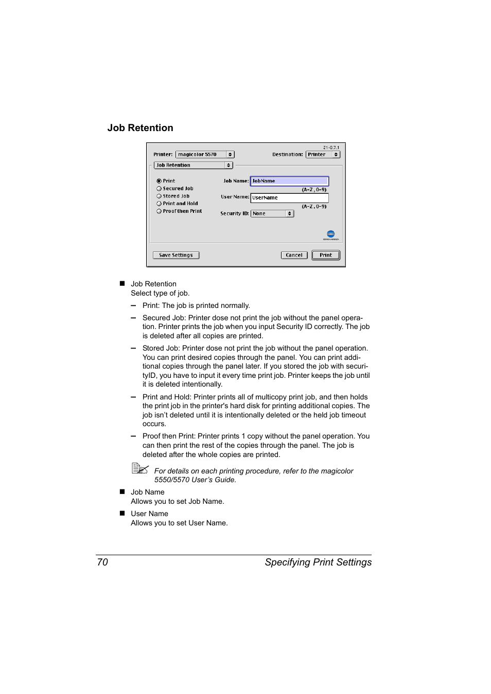 Job retention, Job retention 70 | Konica Minolta magicolor 5570CK User Manual | Page 88 / 296