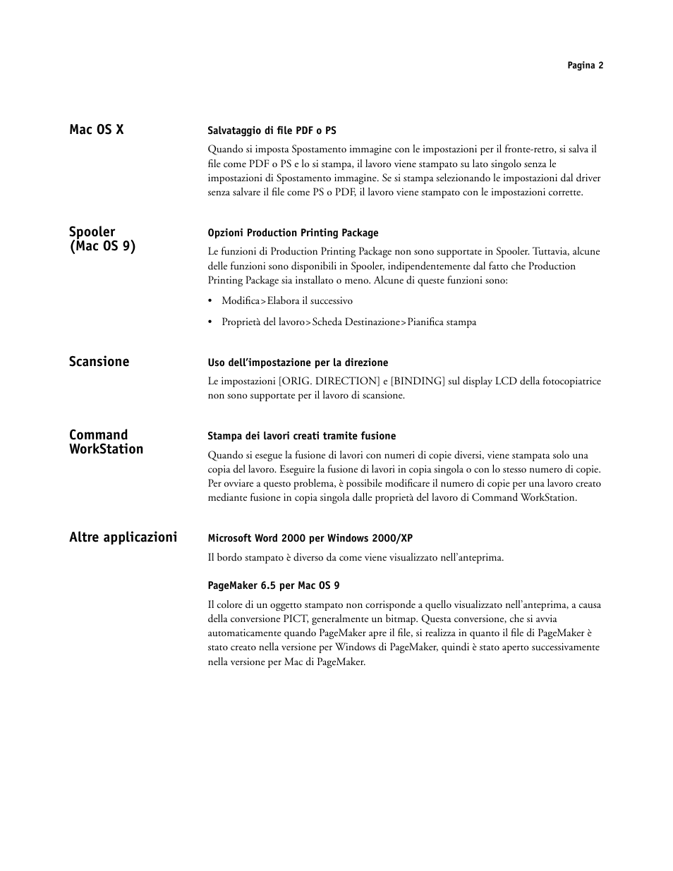 Mac os x, Spooler (macos9), Scansione | Command workstation, Altre applicazioni, Spooler (mac os 9) | Konica Minolta bizhub PRO C500 User Manual | Page 10 / 20