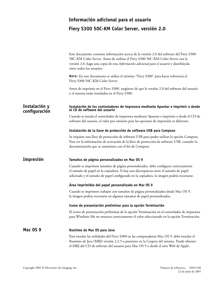 Español, Instalación y configuración, Impresión | Mac os 9 | Konica Minolta bizhub PRO C500 User Manual | Page 17 / 20