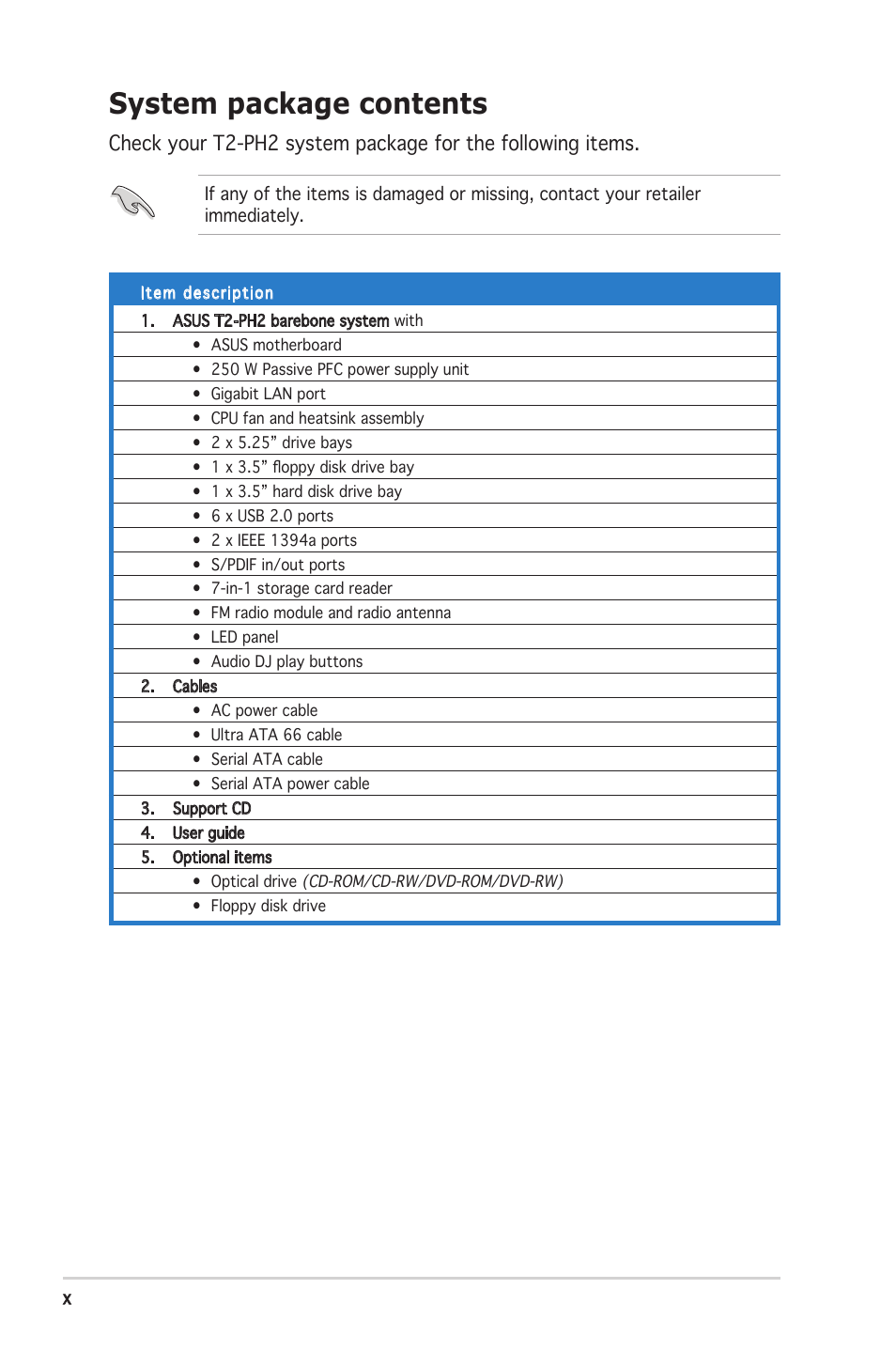 System package contents | Asus Barebone System T2-PH2 User Manual | Page 10 / 114