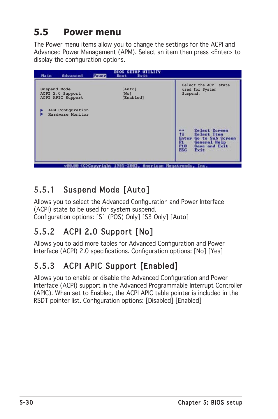 5 power menu, 1 suspend mode [auto, 2 acpi 2.0 support [no | 3 acpi apic support [enabled | Asus Barebone System T2-PH2 User Manual | Page 102 / 114