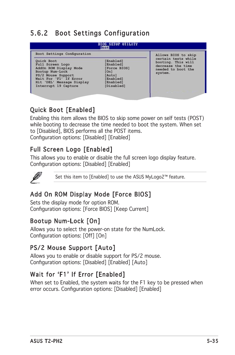 2 boot settings configuration, Quick boot [enabled, Full screen logo [enabled | Add on rom display mode [force bios, Bootup num-lock [on, Ps/2 mouse support [auto, Wait for ʻf1ʼ if error [enabled | Asus Barebone System T2-PH2 User Manual | Page 107 / 114