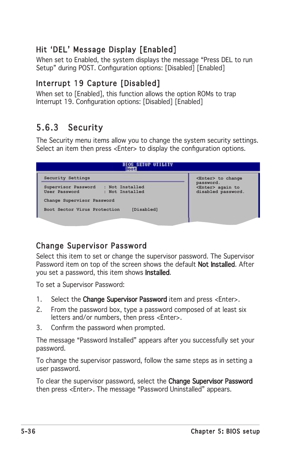 3 security, Hit ʻdelʼ message display [enabled, Interrupt 19 capture [disabled | Change supervisor password | Asus Barebone System T2-PH2 User Manual | Page 108 / 114