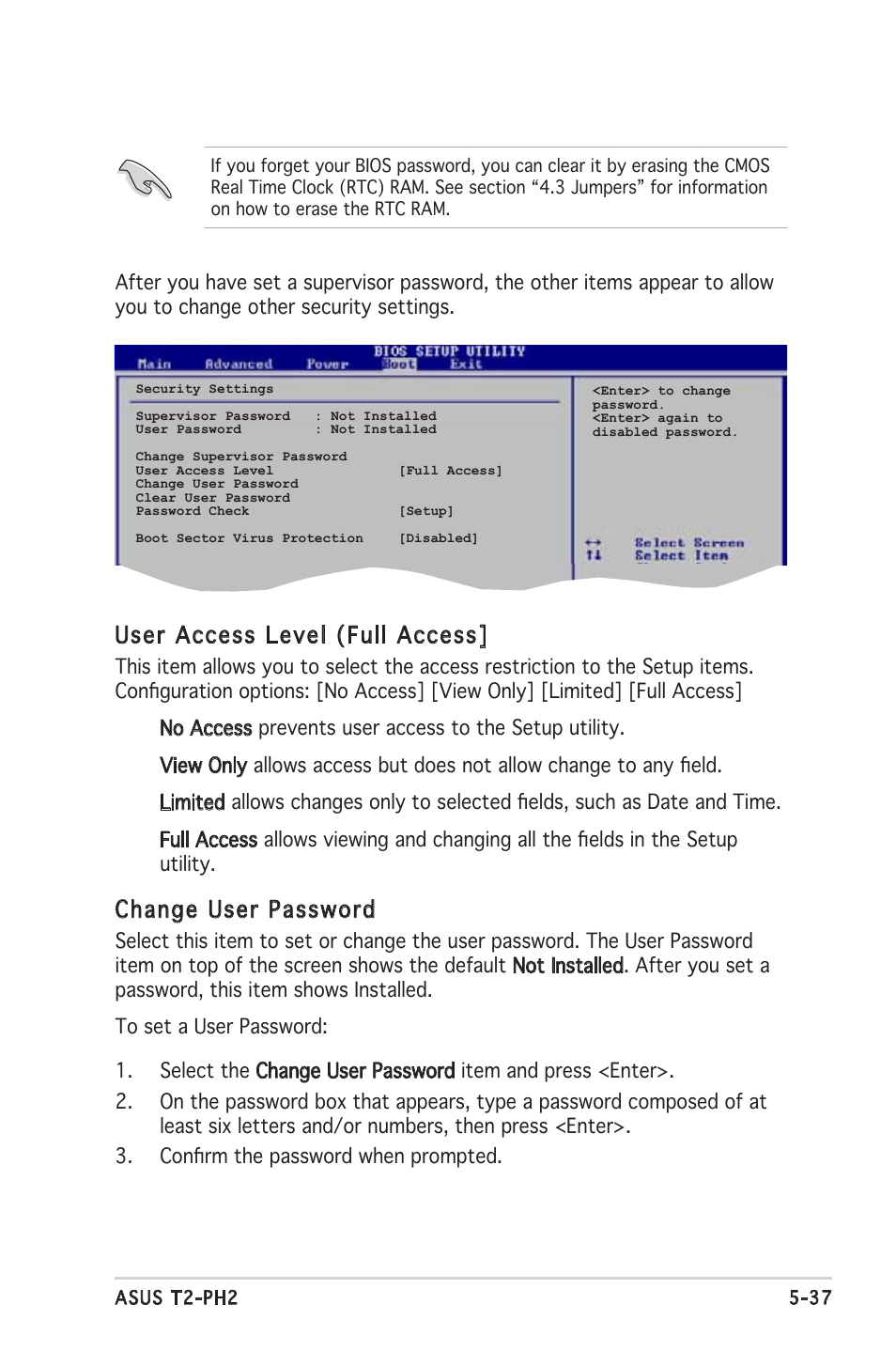 User access level (full access, Change user password | Asus Barebone System T2-PH2 User Manual | Page 109 / 114