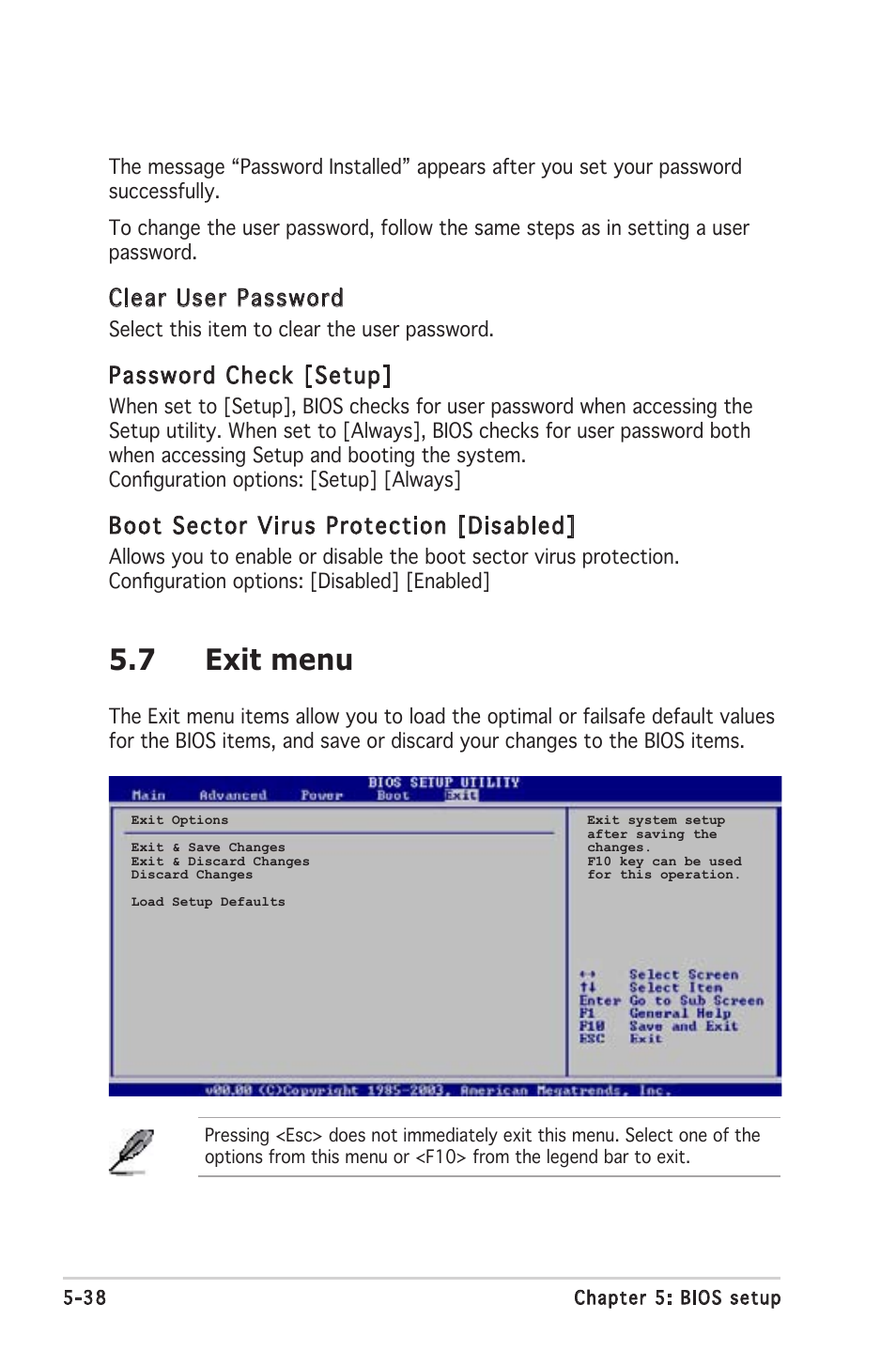 7 exit menu, Clear user password, Password check [setup | Boot sector virus protection [disabled | Asus Barebone System T2-PH2 User Manual | Page 110 / 114