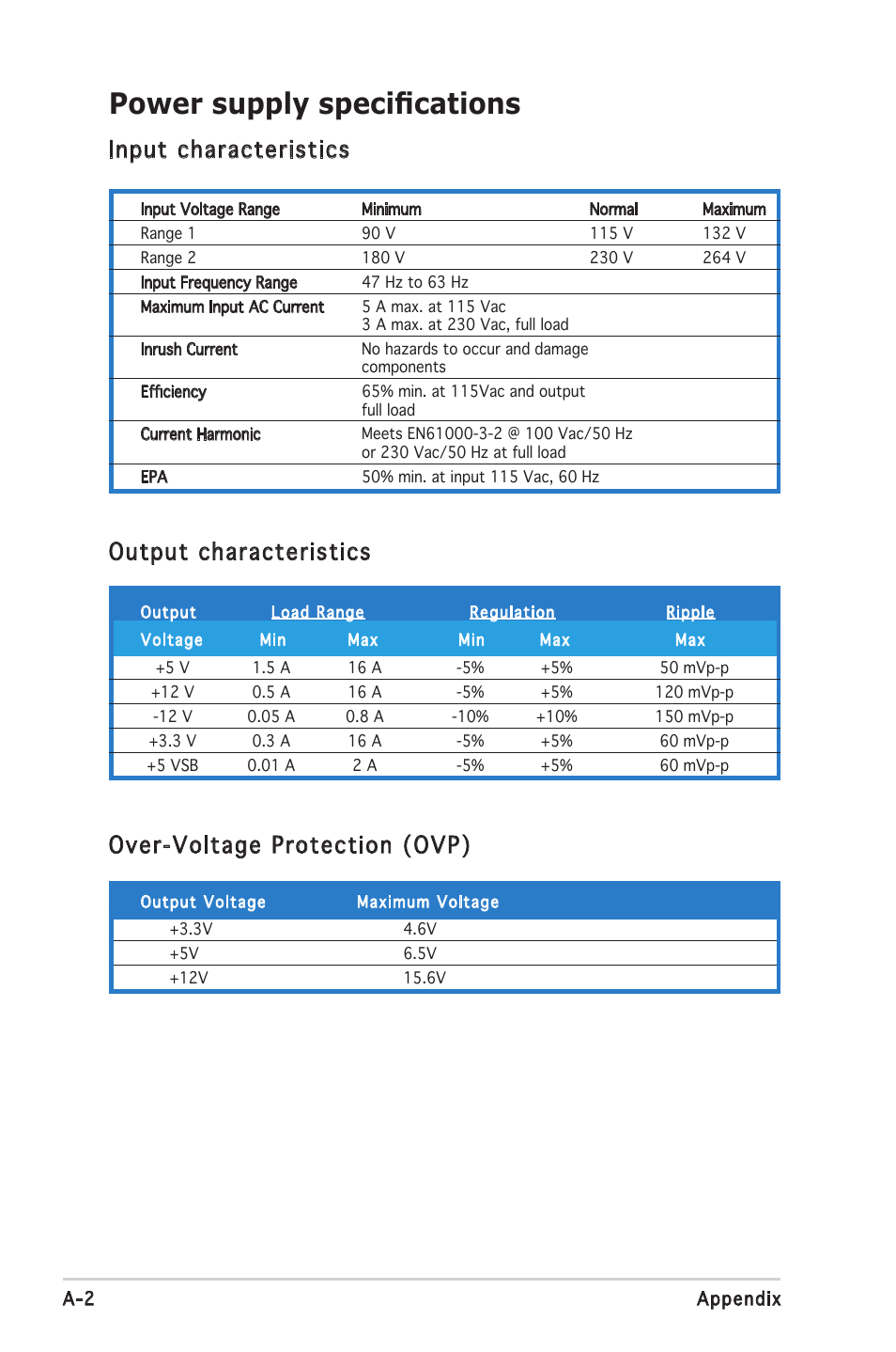 Power supply speciﬁcations | Asus Barebone System T2-PH2 User Manual | Page 114 / 114