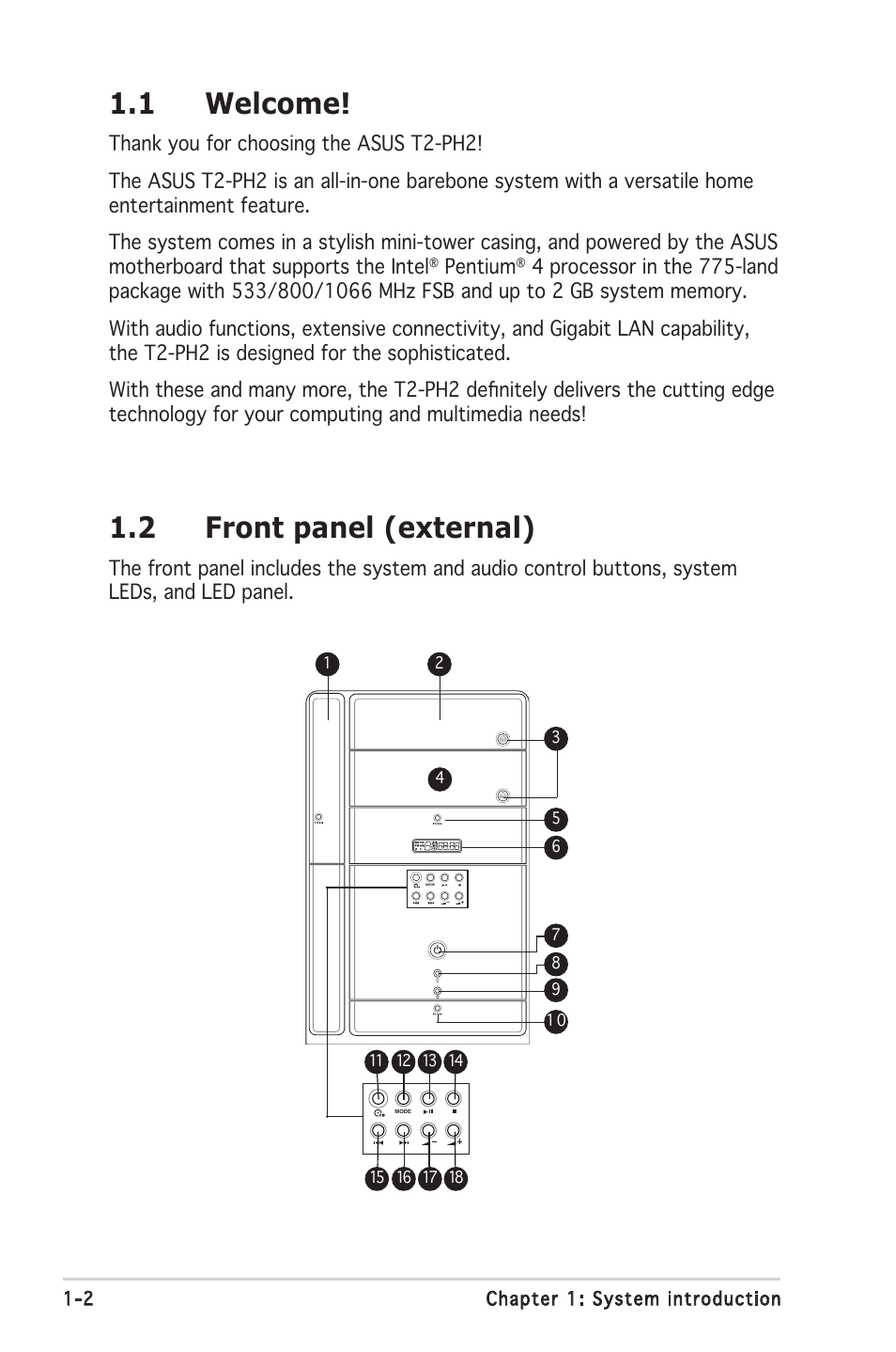 1 welcome, 2 front panel (external) | Asus Barebone System T2-PH2 User Manual | Page 12 / 114