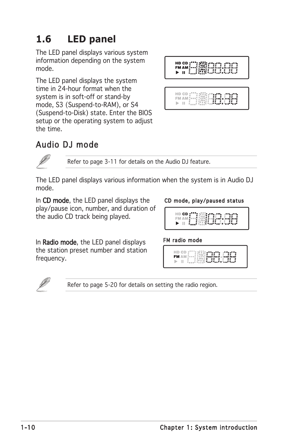 6 led panel, Audio dj mode | Asus Barebone System T2-PH2 User Manual | Page 20 / 114