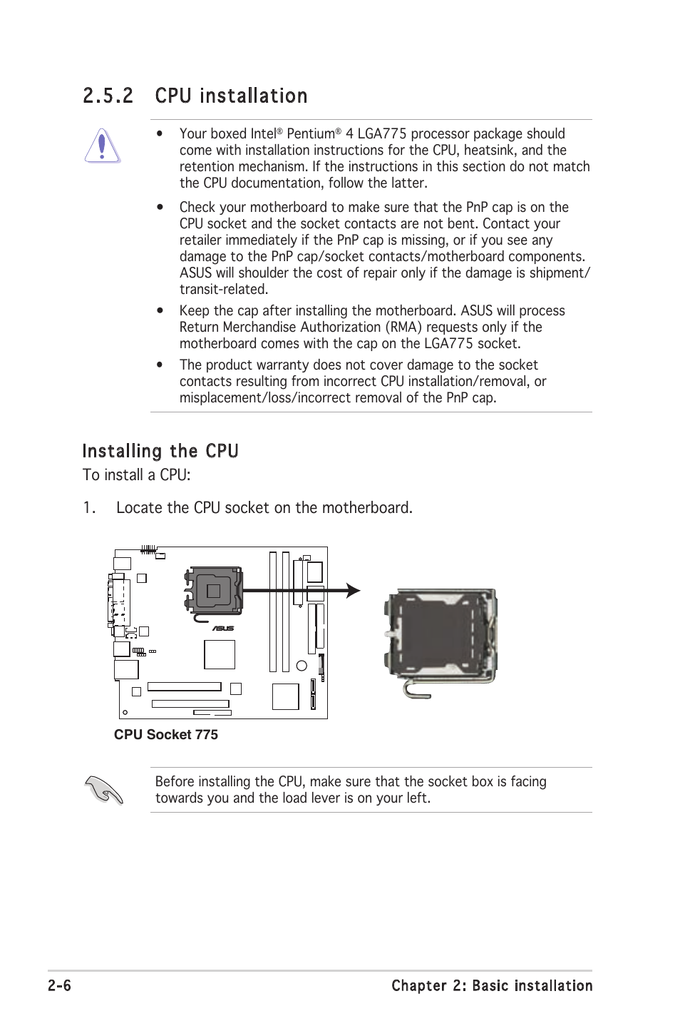 2 cpu installation, Installing the cpu | Asus Barebone System T2-PH2 User Manual | Page 26 / 114
