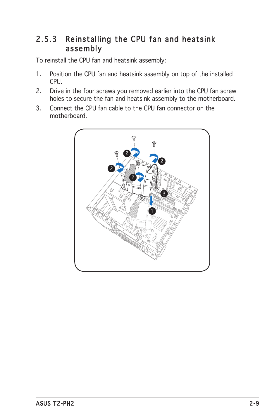 3 reinstalling the cpu fan and heatsink assembly | Asus Barebone System T2-PH2 User Manual | Page 29 / 114