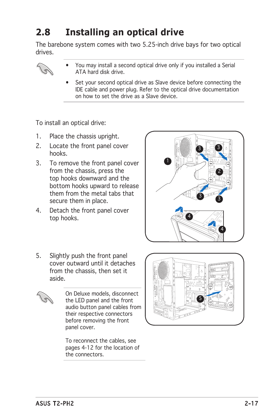 8 installing an optical drive | Asus Barebone System T2-PH2 User Manual | Page 37 / 114