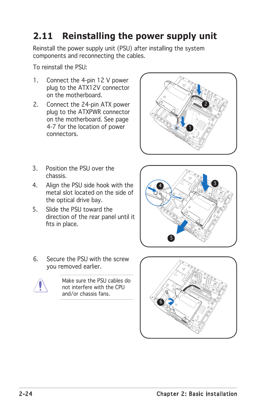 11 reinstalling the power supply unit | Asus Barebone System T2-PH2 User Manual | Page 44 / 114