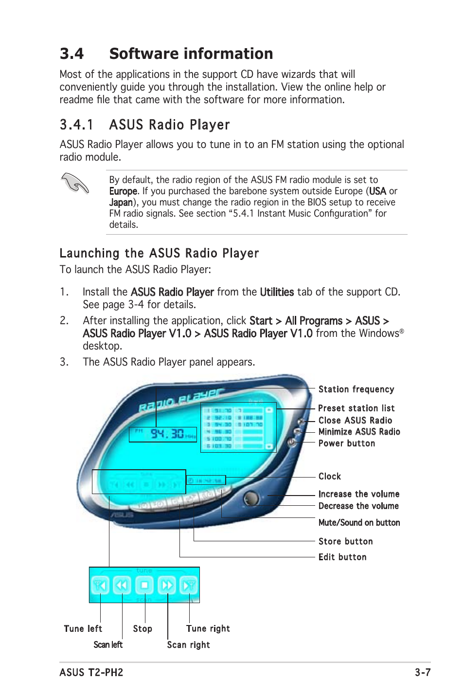 4 software information, 1 asus radio player, Launching the asus radio player | Asus Barebone System T2-PH2 User Manual | Page 53 / 114