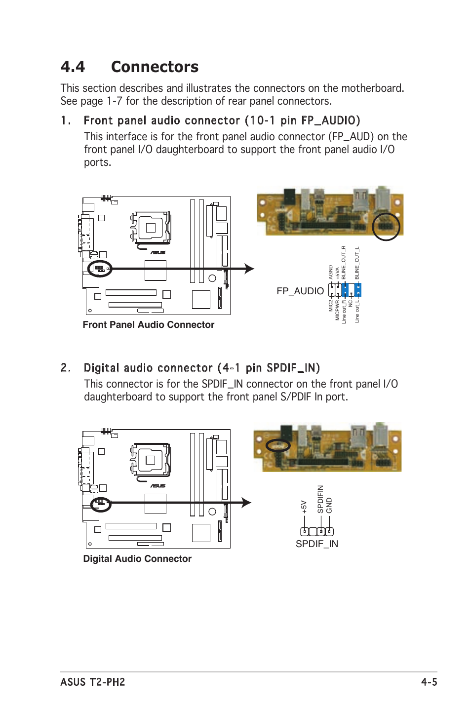 4 connectors, 5 asus t2-ph2, Digital audio connector | Spdif_in, Front panel audio connector fp_audio | Asus Barebone System T2-PH2 User Manual | Page 63 / 114