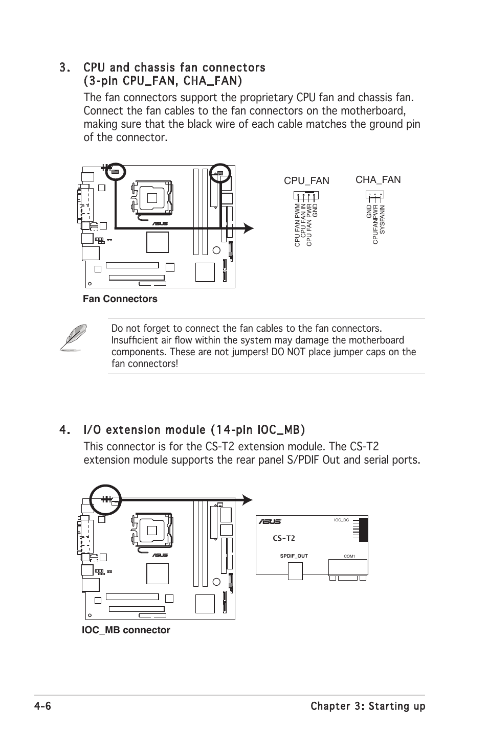 6 chapter 3: starting up, Cpu_fan, Ioc_mb connector | Asus Barebone System T2-PH2 User Manual | Page 64 / 114