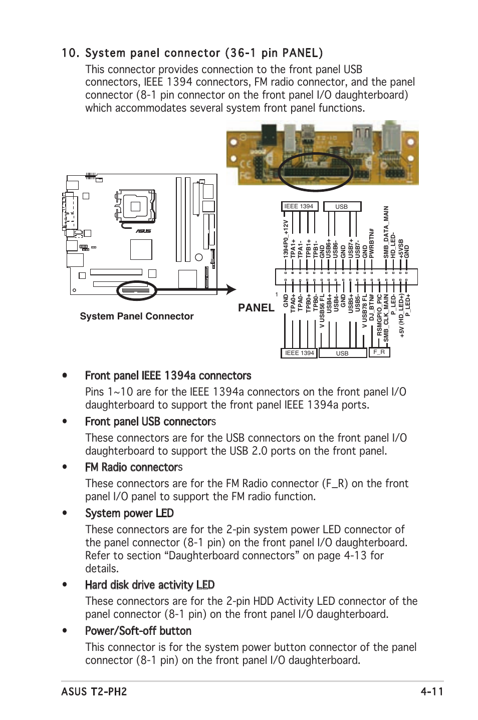 Panel, 11 asus t2-ph2, System panel connector | Asus Barebone System T2-PH2 User Manual | Page 69 / 114