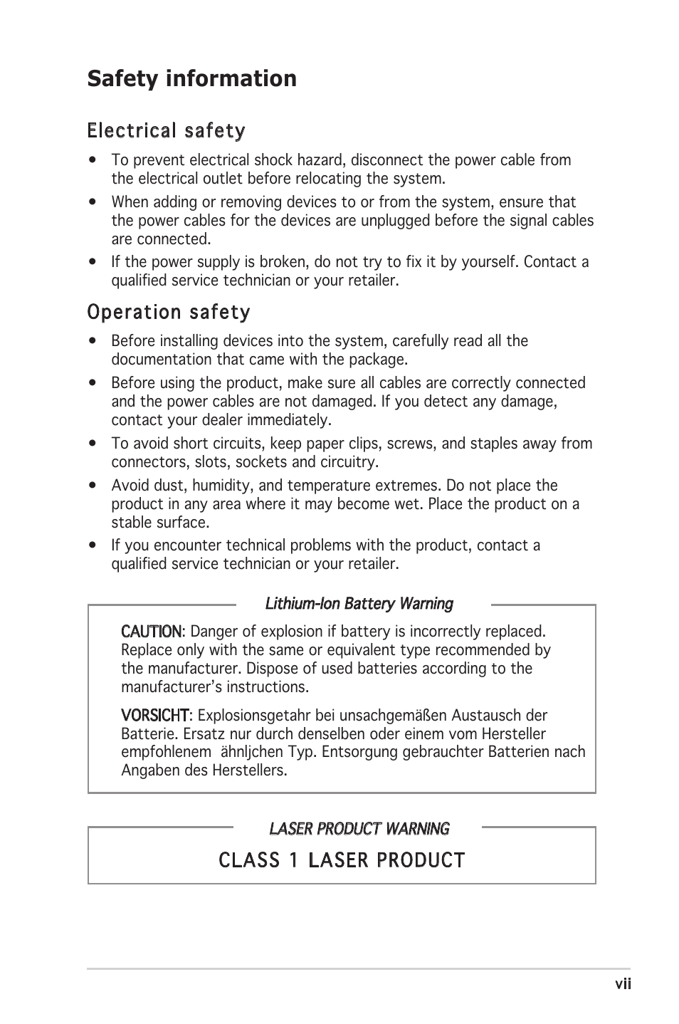 Safety information, Electrical safety, Operation safety | Class 1 laser product | Asus Barebone System T2-PH2 User Manual | Page 7 / 114