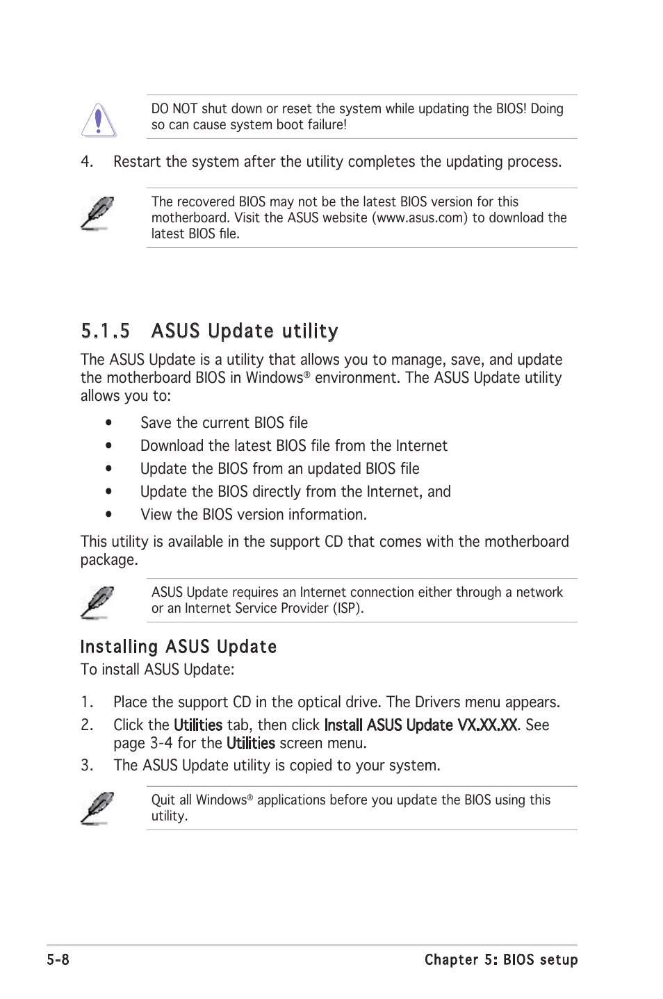 5 asus update utility, Installing asus update | Asus Barebone System T2-PH2 User Manual | Page 80 / 114
