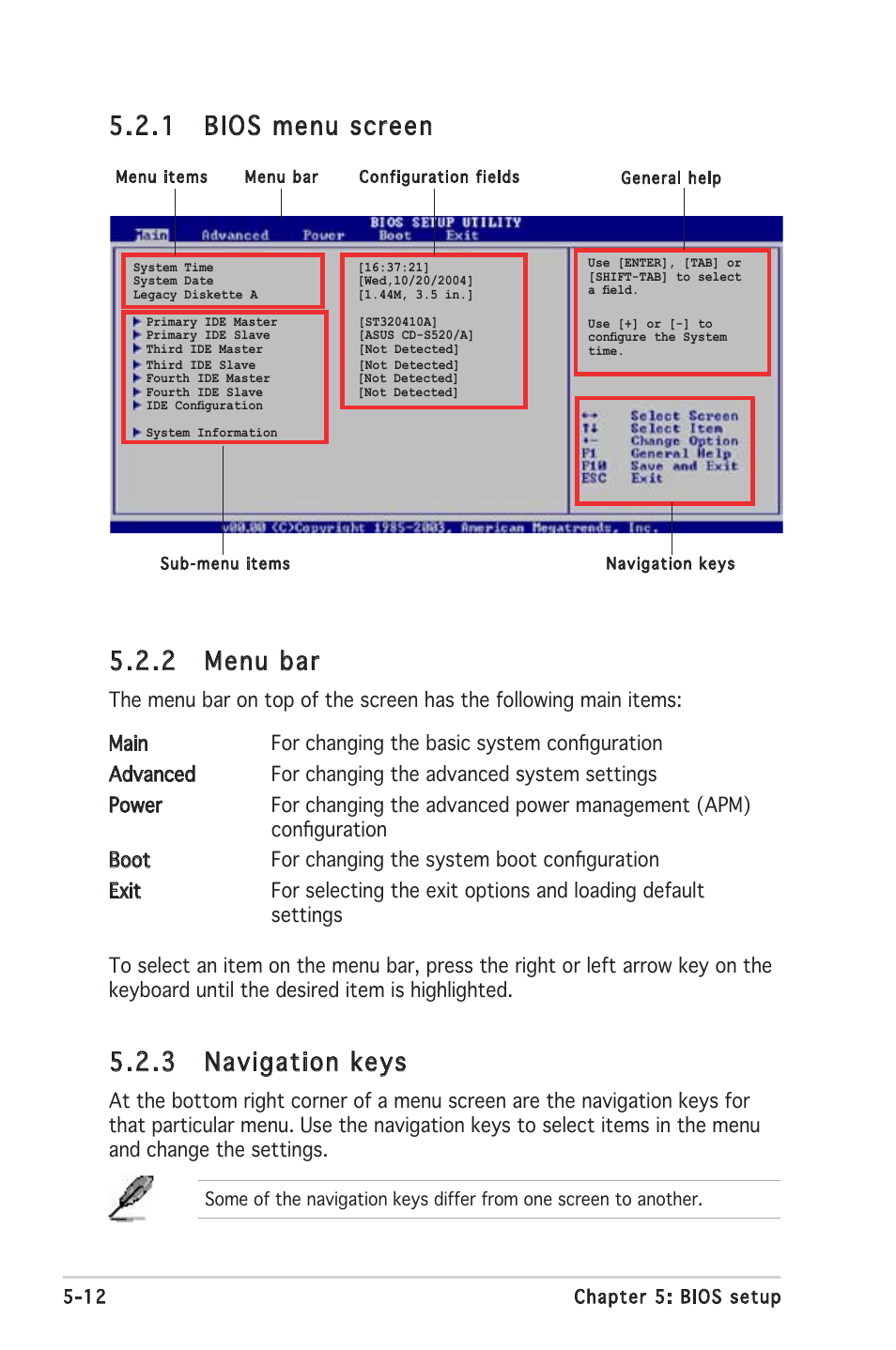 2 menu bar, 1 bios menu screen, 3 navigation keys | Asus Barebone System T2-PH2 User Manual | Page 84 / 114