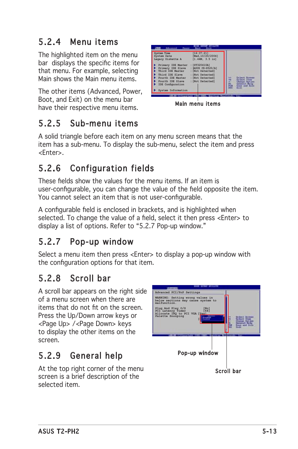 4 menu items, 5 sub-menu items, 6 configuration fields | 7 pop-up window, 8 scroll bar, 9 general help | Asus Barebone System T2-PH2 User Manual | Page 85 / 114