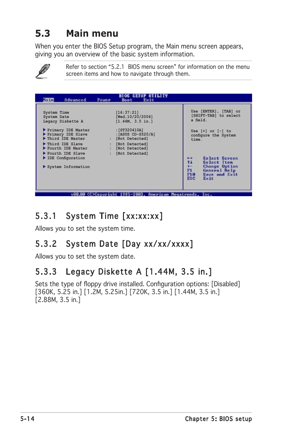 3 main menu, 1 system time [xx:xx:xx, Allows you to set the system time | Allows you to set the system date | Asus Barebone System T2-PH2 User Manual | Page 86 / 114