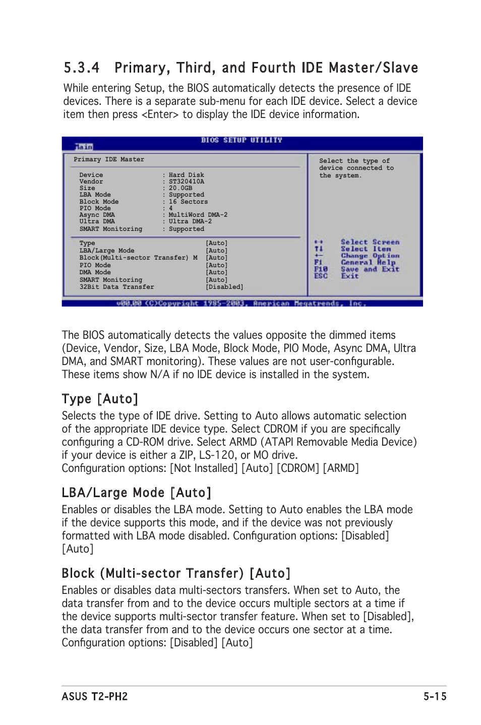 4 primary, third, and fourth ide master/slave, Type [auto, Lba/large mode [auto | Block (multi-sector transfer) [auto | Asus Barebone System T2-PH2 User Manual | Page 87 / 114