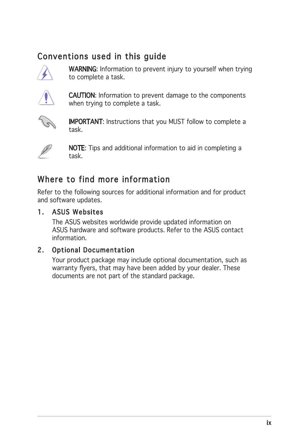 Conventions used in this guide, Where to find more information | Asus Barebone System T2-PH2 User Manual | Page 9 / 114