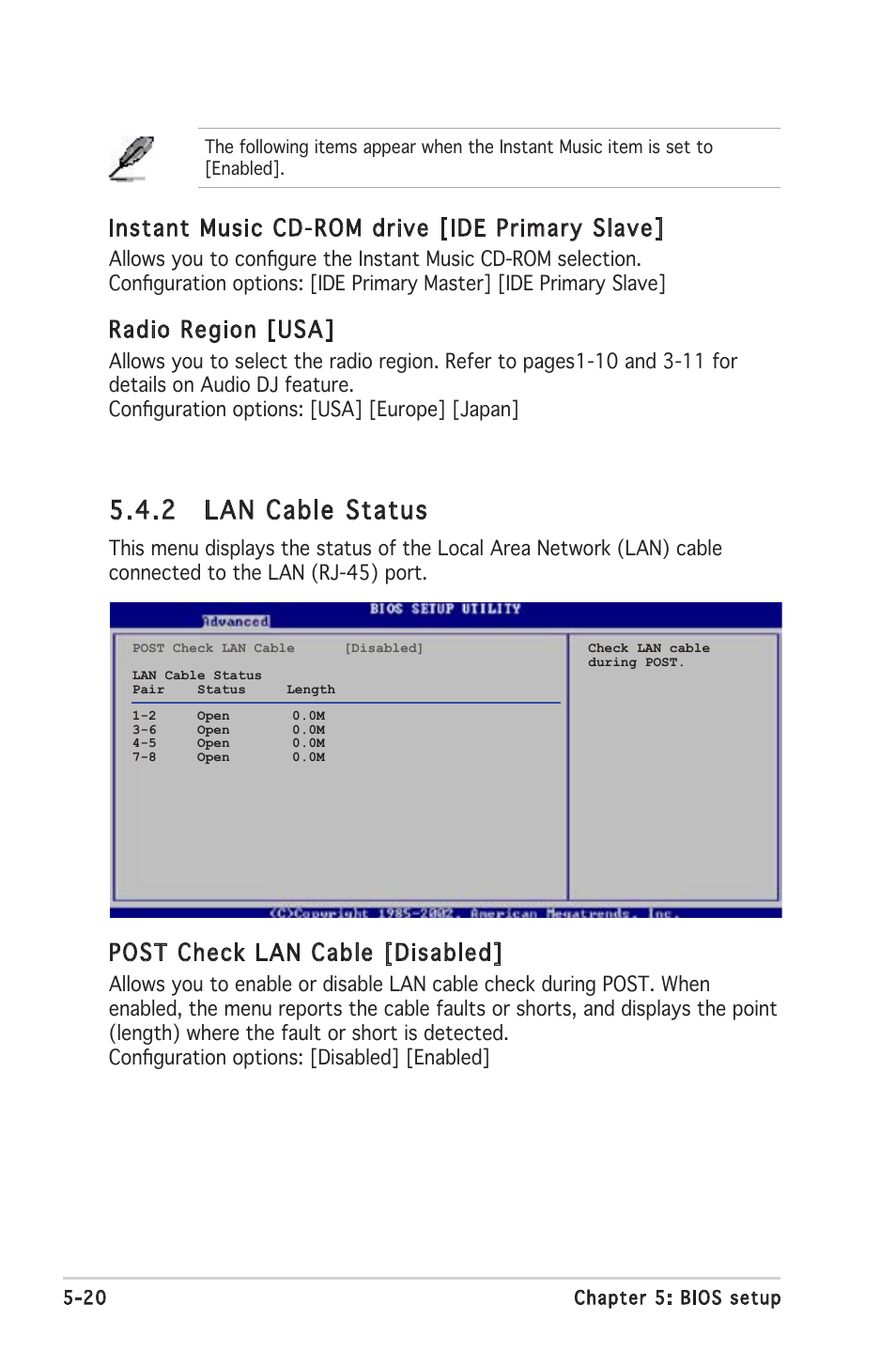 2 lan cable status, Instant music cd-rom drive [ide primary slave, Radio region [usa | Post check lan cable [disabled | Asus Barebone System T2-PH2 User Manual | Page 92 / 114