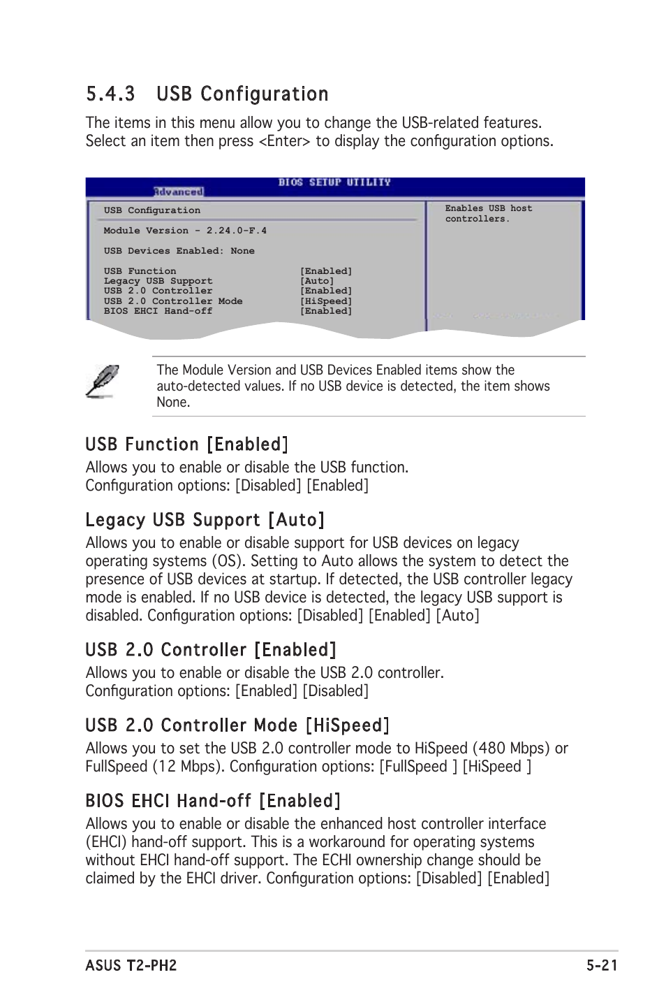 3 usb configuration, Usb function [enabled, Legacy usb support [auto | Usb 2.0 controller [enabled, Usb 2.0 controller mode [hispeed, Bios ehci hand-off [enabled | Asus Barebone System T2-PH2 User Manual | Page 93 / 114